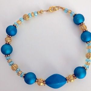 New 8.5 in Royal Blue Golden Beaded Bracelet Handmade Clasp Sparkle Artisan Gift